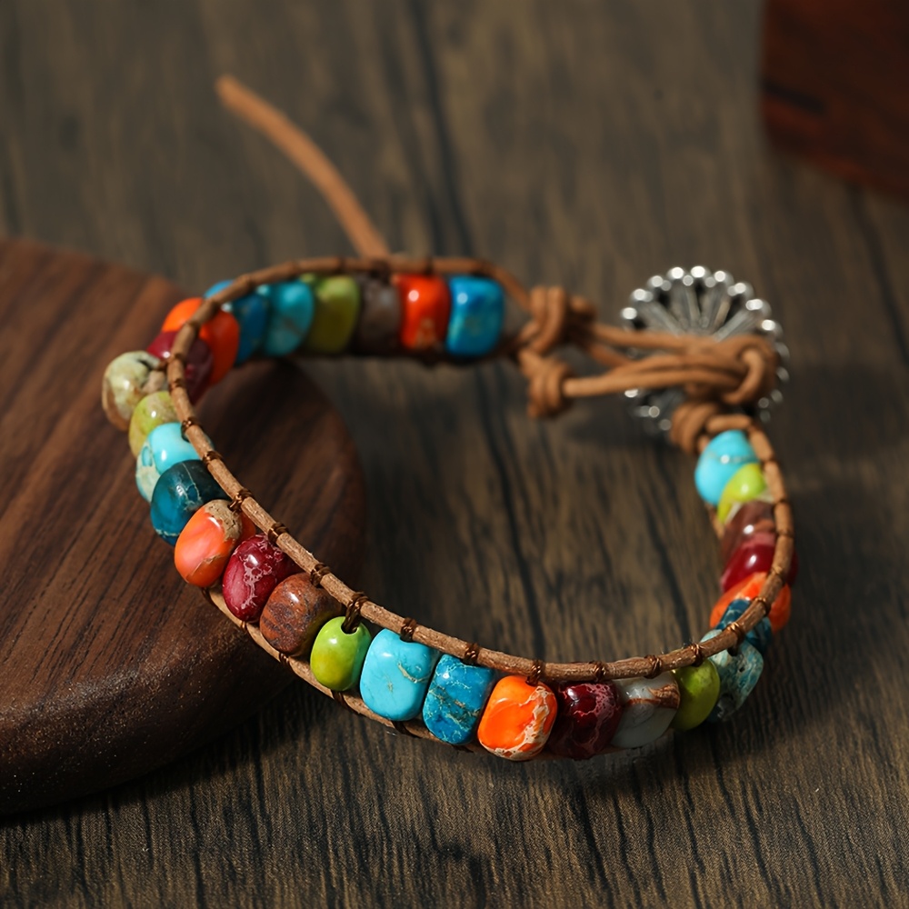 Image of Colorful Natural Stone Hand-woven Bracelet With Rope, Bohemian Style Adjustable Wrap Bracelet, Vintage Style Beaded Jewelry For Daily Wear