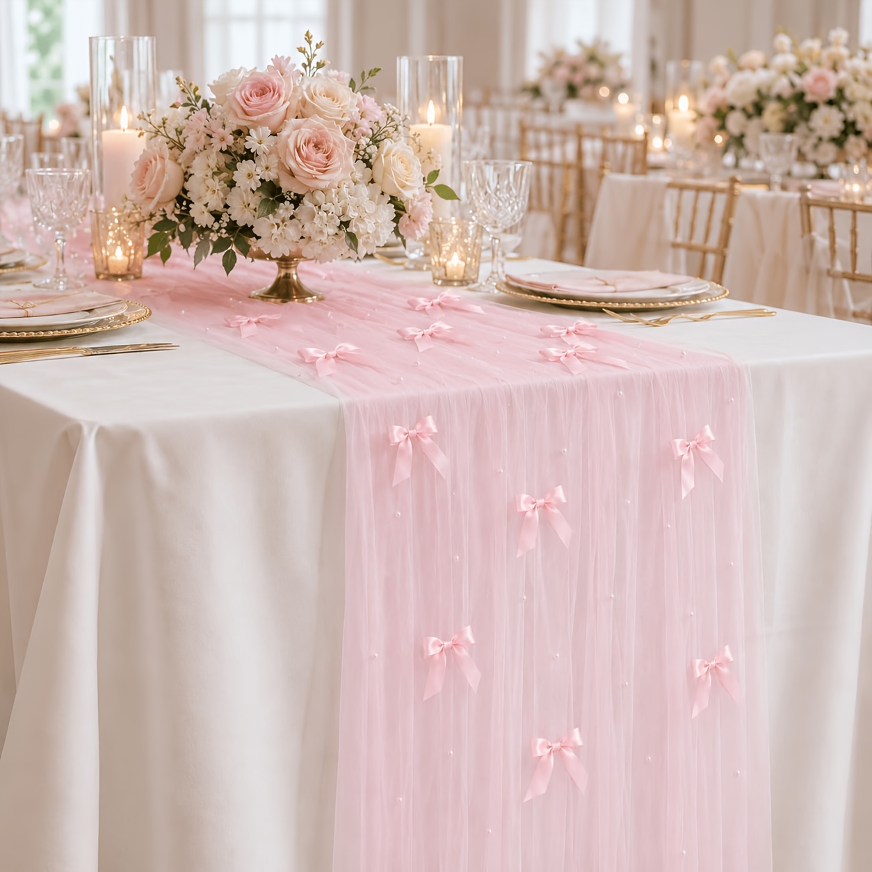 Image of Pearl Table Runner For Wedding, 30x 120 Inch Pink Bow Gauze Table Runner For Holiday Wedding Birthday Bridal Shower Table Decor Home Party (pink)