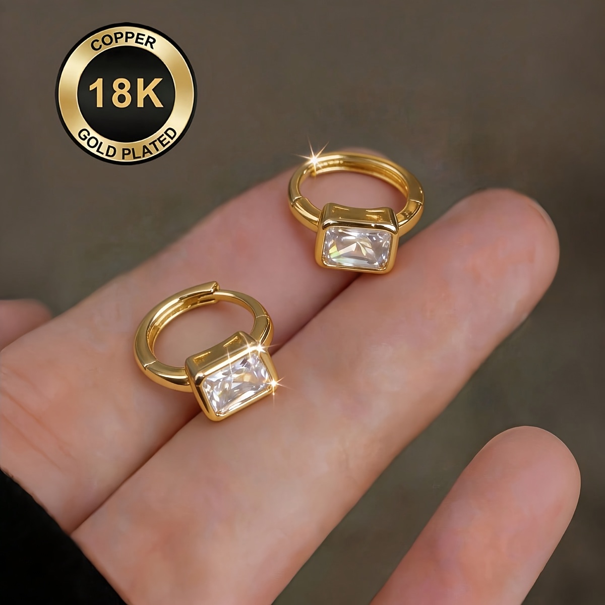 TEMU 18k Golden Plated Square Zirconia Earrings, Women's Ear Clips And Hoops, Easy Versatile Light Luxury Premium Jewelry, Niche Earrings, For Gifts,