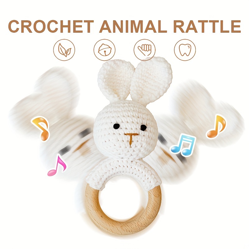 

Handcrafted Crochet Rabbit Rattle: Adorable Wooden Toy For Babies 0-3 Years, Soft Cotton Material
