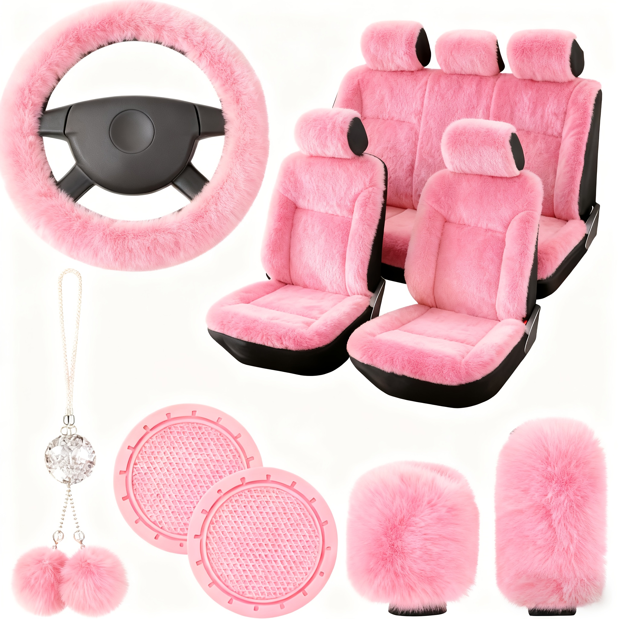 TEMU 11 Plush Car Seat Covers Set/universal Plush Car Seat Covers/fashionable Plush Steering Wheel Covers/fluffy Soft Covers/fashionable Rearview