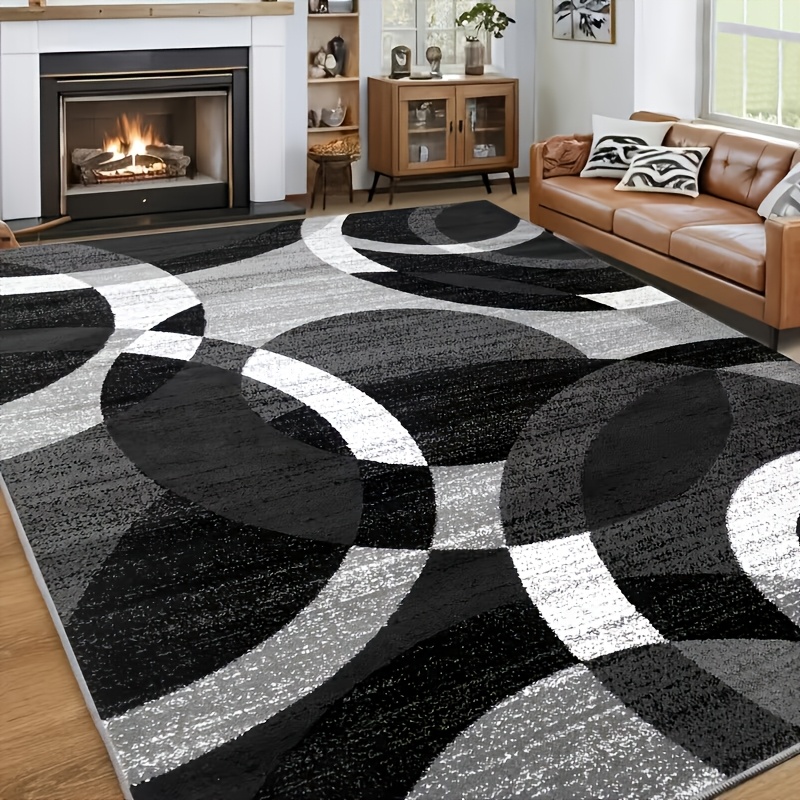 TEMU Geometric Patterned Rug Black, White, And -end Machine-washable Dirt-repellent Soft Lightweight Comfortable Fabric Non-slip Backing Design Ideal