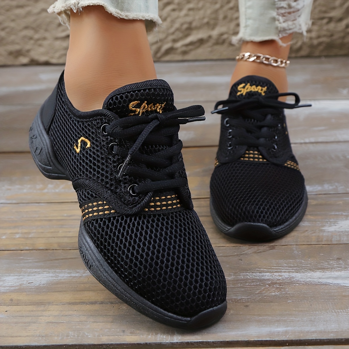 Damen Jazz Dance Sneakers Atmungsaktives Mesh, Leicht, mit  Fußgewölbe-Unterstützung, Bequemer Runder Zehenbereich, Schwarz mit Rosa  Akzenten,