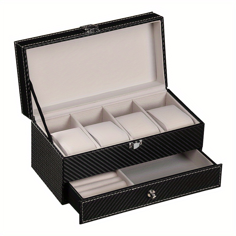 Una caja de exhibición de almacenamiento de joyas de doble capa hecha de fibra de carbono de 4 capas, con cajón de tela suave para almacenar relojes para hombres y mujeres, disponible en varias combinaciones de colores (PU interior negro, café + beige, negro + beige, negro + gris, blanco + blanco).