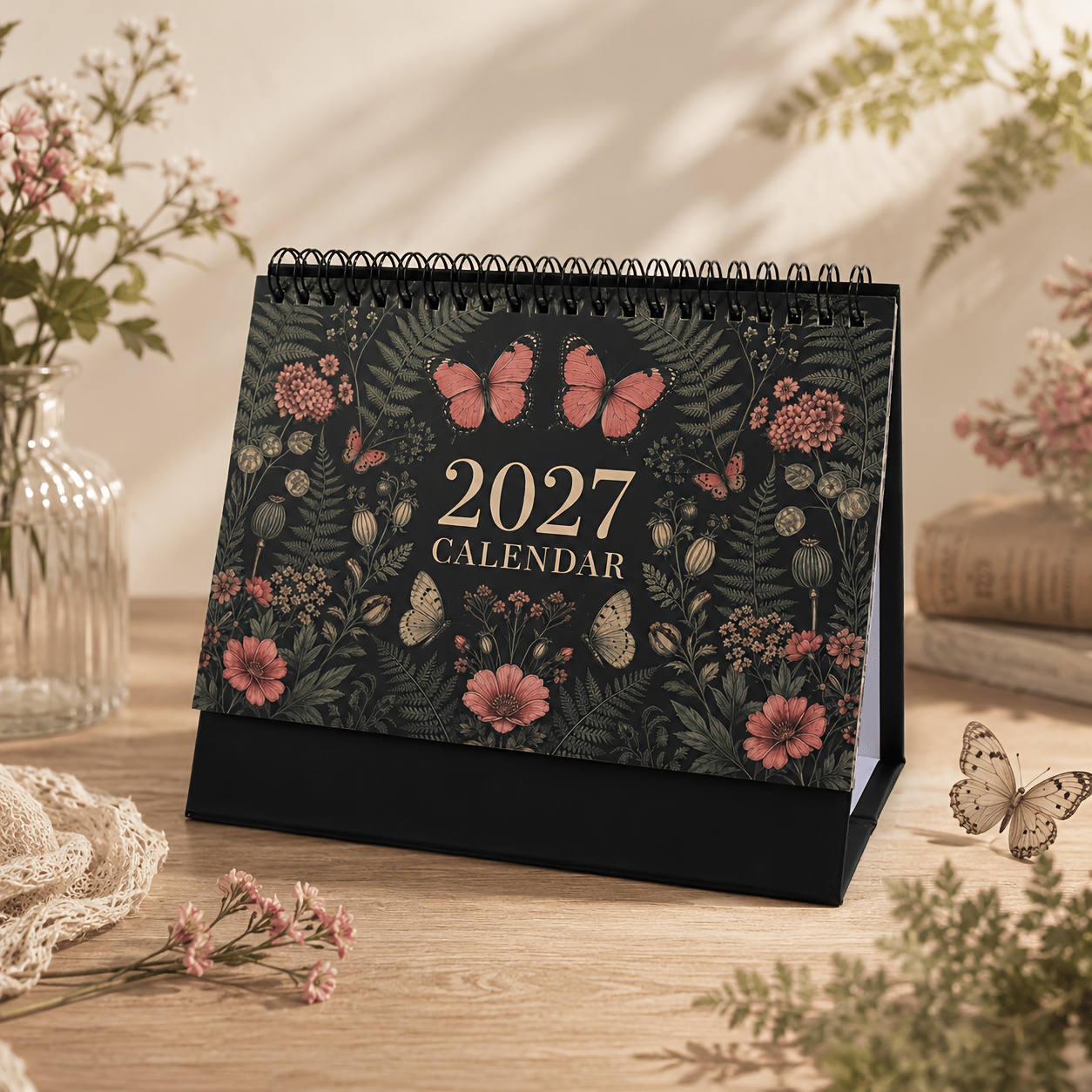 TEMU 1pc Vintage Pattern 2027 Desktop Desk Calendar, Creative Metal Spiral-bound Planner, Stylish Monthly Reminder Calendar, Suitable For Office And