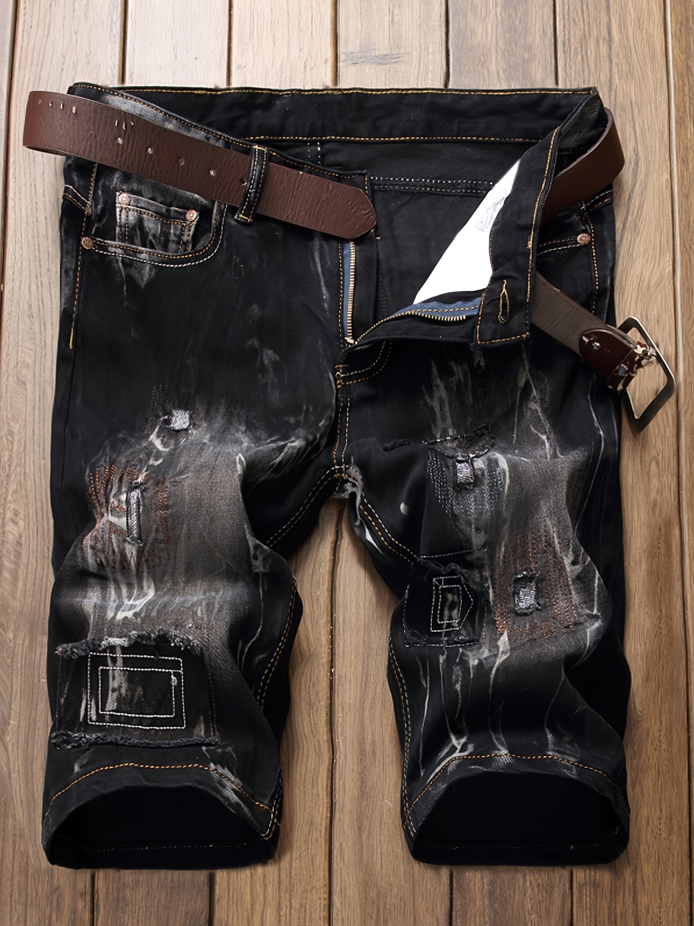 Stylish And Modern Water-Washed Ripped Denim Shorts for Men, Featuring Casual Straight Fit And Embroidered Patches, Perfect for Summer Wear