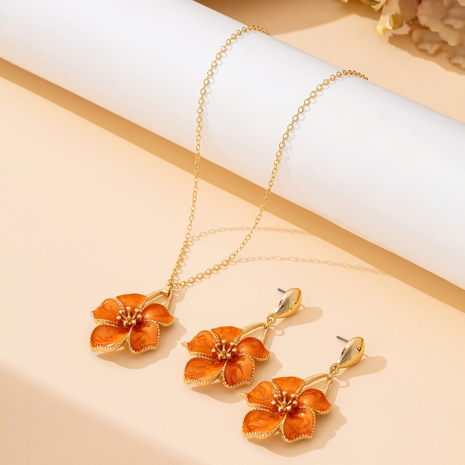 TEMU 3pcs Piece Set Women's Jewelry Set Luxury High-end Handmade Oil Orange Brushed Pink Necklace Earrings Flower Women's Jewelry Set Suitable For