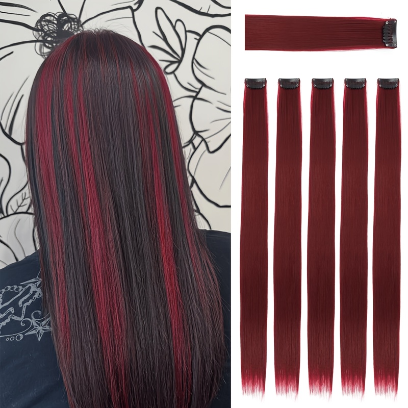 TEMU 5pcs Extensions de Cheveux Bordeaux | 24" Extension de Cheveux à Clip | Extensions de Cheveux Longs Raides Colorés à Clip, Cheveux Synthétiques