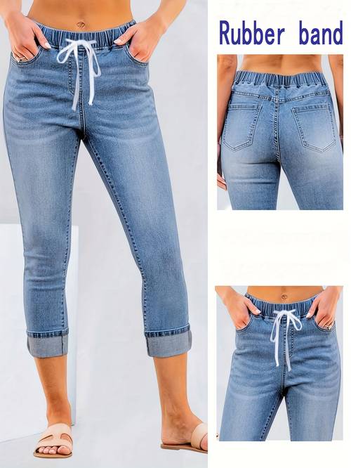 womens high stretch denim capri pants with elastic drawstring waist length blue jeans for spring summer machine washable elastic waist jeans spring fashion wear denim