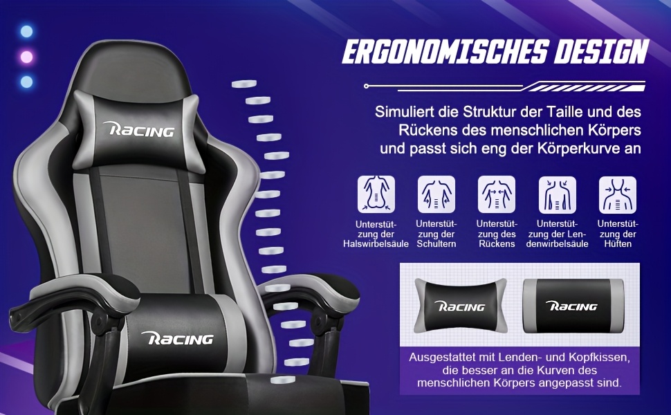 Gronfont Gaming Chair with Footrest, Ergonomic Gaming Chair with Adjustable Lumbar Cushion, Headrest Cushion, Height-Adjustable And Swivelling, PC Chair, Gaming Armchair 150kg, Black, Perfect Christmas Gift for Gamers & Home Office