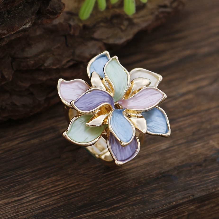 TEMU 1 anillo elástico de colorido, anillos de banda elástica con diseño floral de aleación de , para vacaciones en , boda, regalo de graduación,