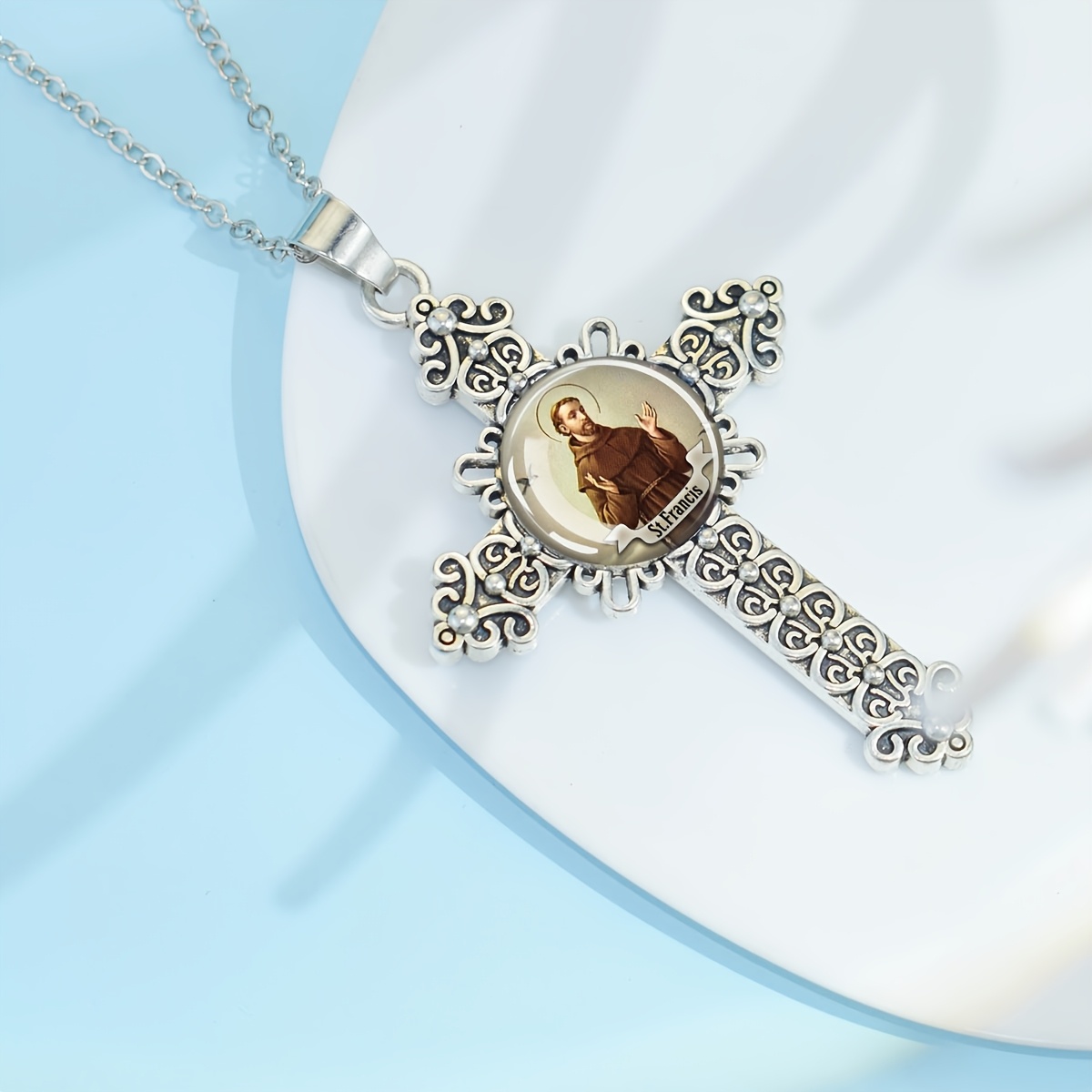St Francis Dome Glass Cross Pendant Necklace, Faith Gift