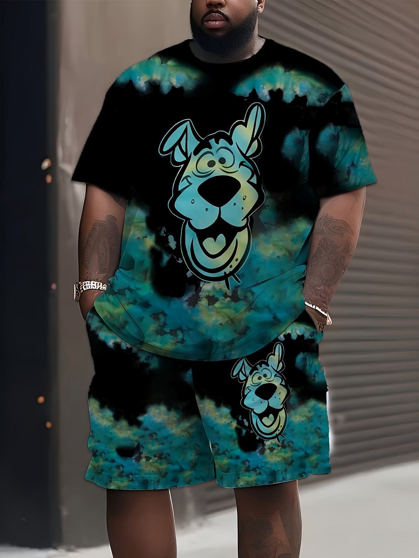 Anime Print T-Shirt And Shorts, Street Style, Casual And Comfortable, Men'S Short-Sleeve And Shorts Set, Plus Size