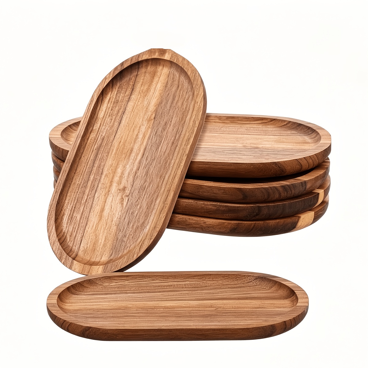 TEMU 6pcs Serving Trays, Small Oval Wooden Plates, Suitable For Food, Coffee, Desserts, Appetizers, Fruits, And Cooked Dishes, Durable Decorative