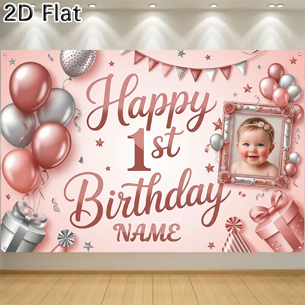 TEMU 2d Flat, 1pc [2d Flat] Banner Happy 1st Birthday Customizable Party Backdrop With Name Personalization, Pink & Silver Theme Decor For Baby Girl