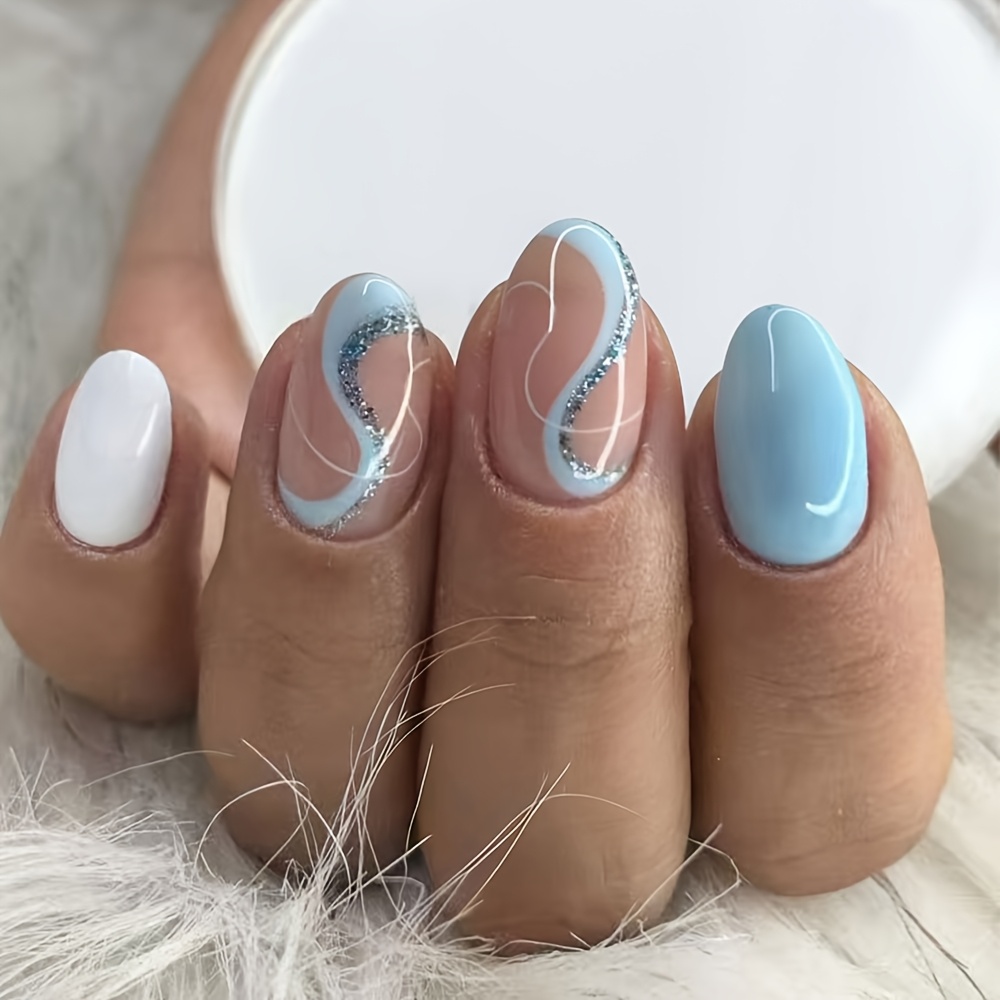 TEMU Ensemble de 24 patchs ovales courts à paillettes pour ongles, autocollants amovibles pour ongles French, ajustement parfait pour faux ongles en