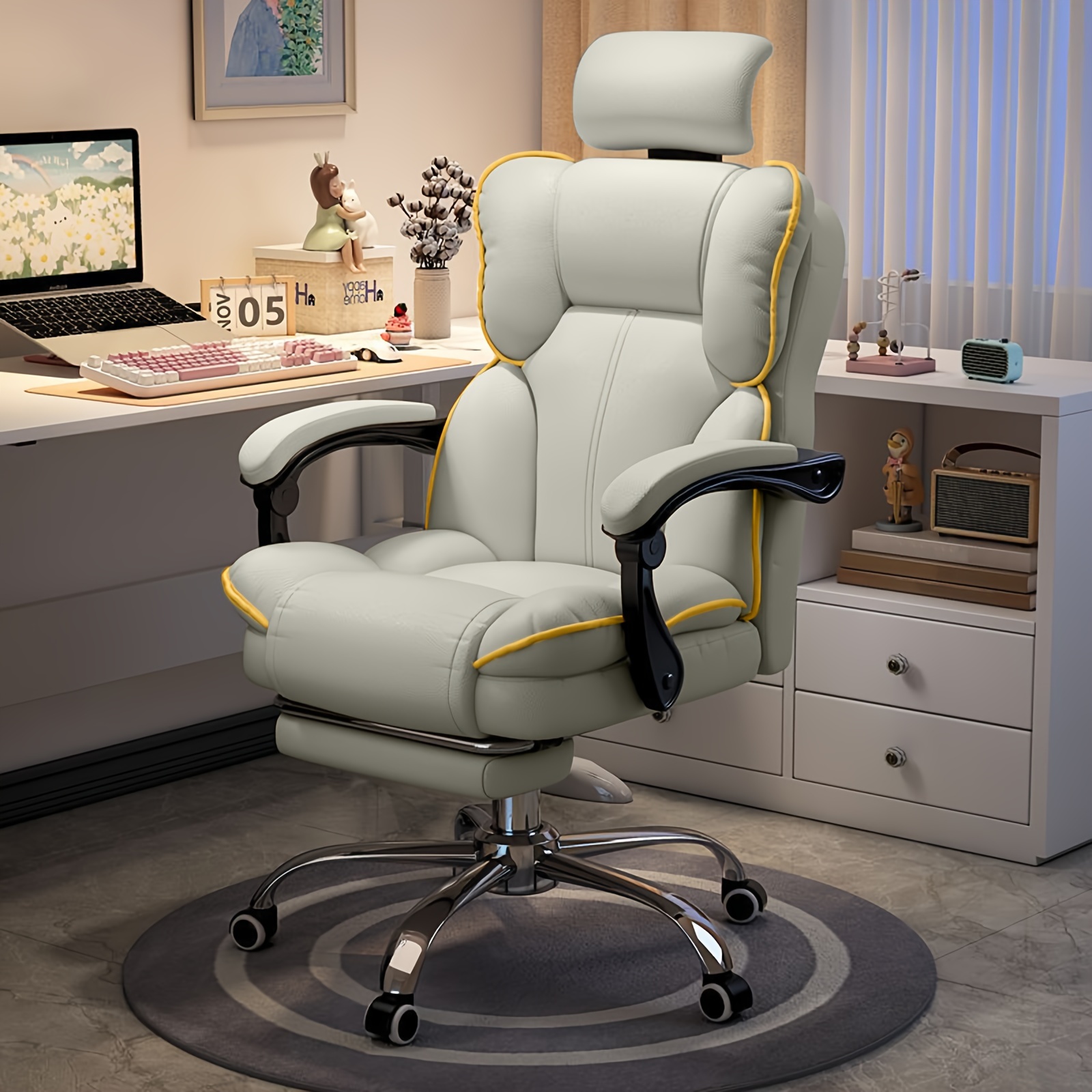 

Home Office Chair With Foot Rest, Ergonomic Desk Breathable Executive Computer Chair With Retractable Pedals, High-back Rotary Lounge Chair Office