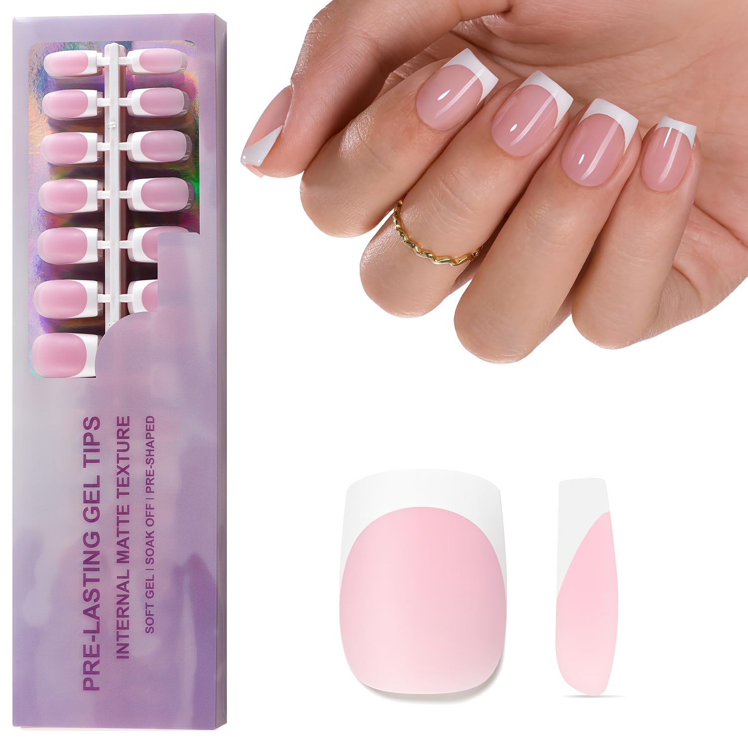 E-shop French Tip Press-on für Nägel: 150 Stück Pinke Kurze Quadratische Press-on für Nägel 4-in-1 für Nagelspitzen, Vorgeapplierter Primer und , Keine
