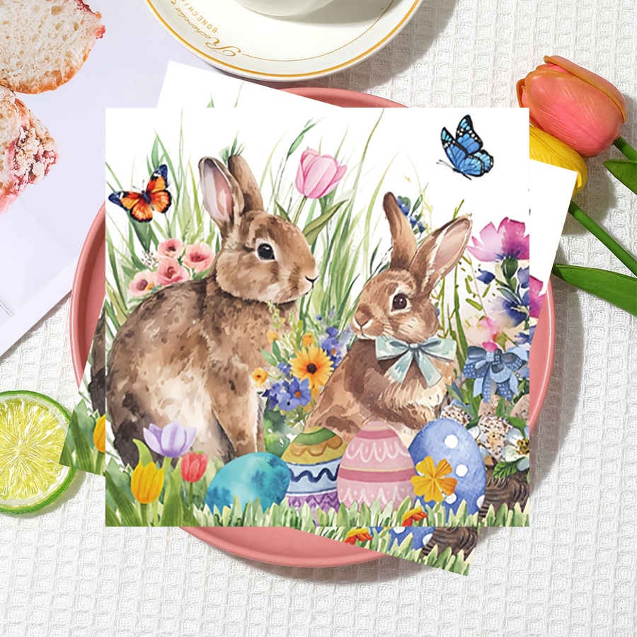 

16pcs Easter Bunny & Floral Disposable Paper Napkins, 4-layer Towels With Tie Rabbits Design - Spring Celebrations, Weddings, Birthdays & All - Table Decor, Rabbit Accessories