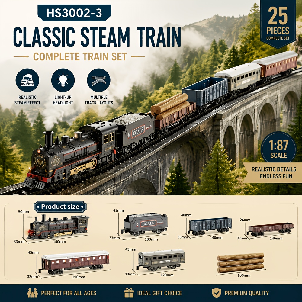 TEMU 1: 87 Scale Classic Steam Train Set, 25 Electric Railway Track Models With Real Smoke Effects And Led Headlights, Layout Freight And Passenger