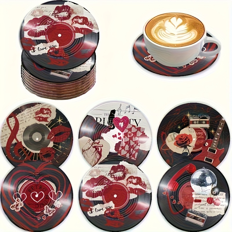 TEMU A Set Of 6 Vintage Record Coasters For Valentine's Day, Perfect For Music Lovers To Enjoy Their Drinks, Featuring Retro-style Coasters For Beer,