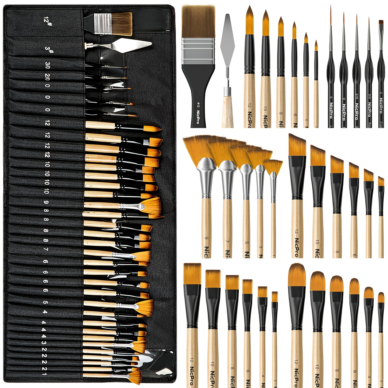 Image of 36pcs Paint Brush Set, Professional Paintbrushes With Cloth Roll, Suitable For Artists And Beginners For Acrylic Painting, Oil, Watercolor, Gouache (wooden Color)