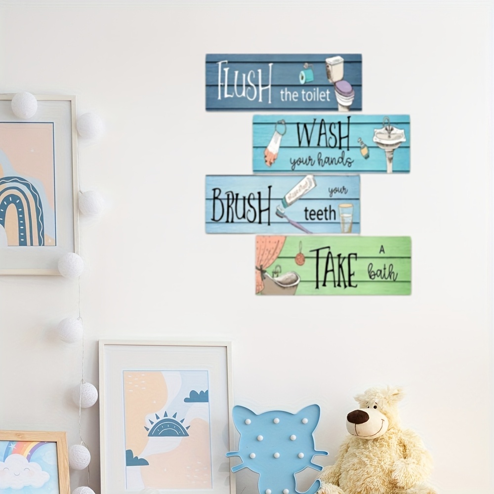 TEMU 4pcs Funny Bathroom Wooden Sign Decor, Bathroom Wood Wall Sign Wash Brush Shower Wall Decoration Quote Art Print, Used For Home Bathroom Laundry
