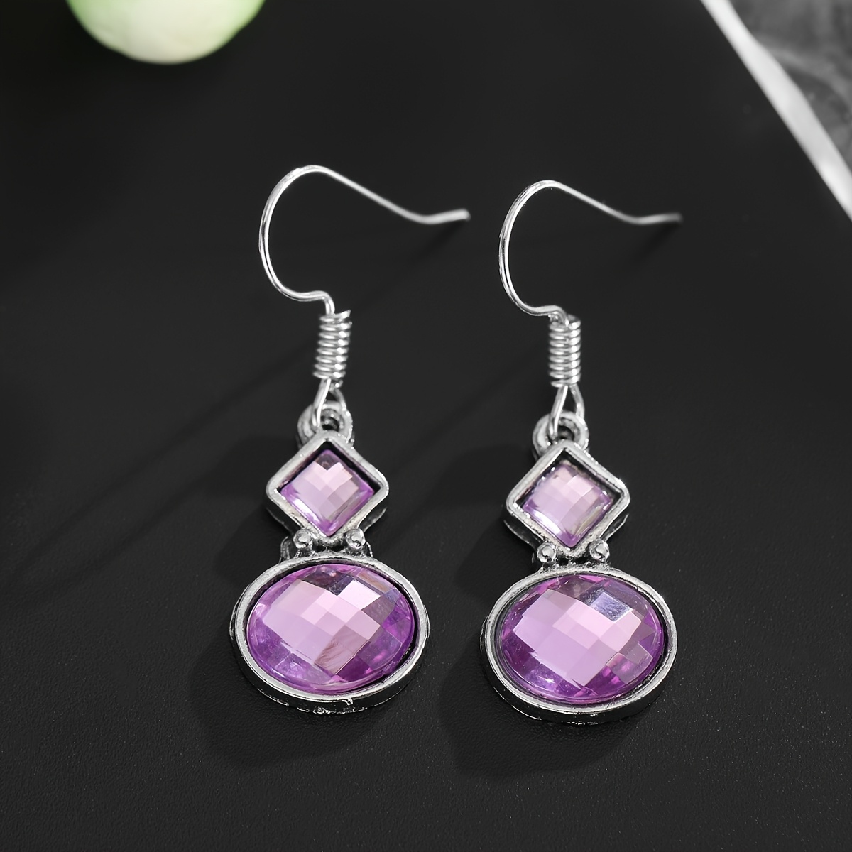 TEMU Vintage-style Distressed Geometric Inlay Purple Synthetic Synthetic Zirconia Women's Earrings, Suitable For Dates, Dinners, Daily Wear,