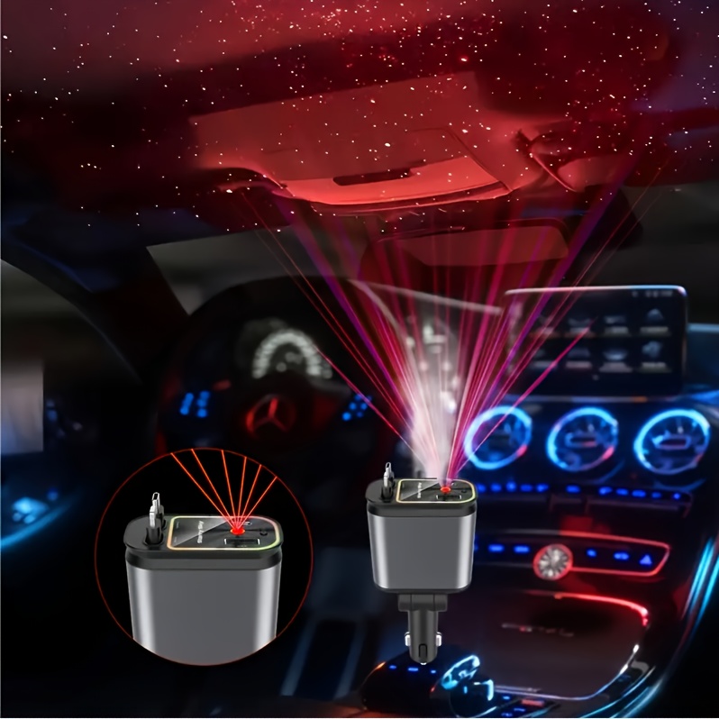 a 4 in 1 aluminum alloy car charger with a 66w retractable starlight ceiling charger featuring red ambient lighting   compatible   like iphone s23 22 pixel and more the 180 adjustable socket prevents tangling and   Product details 0