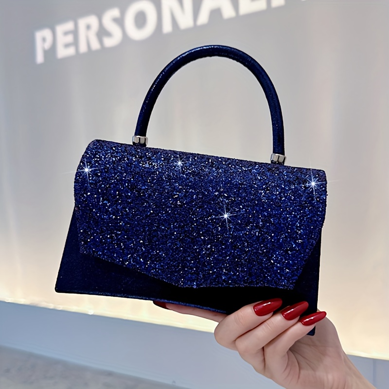 Luxurious Shiny Evening Bag, Vintage Party Royal Blue  Elegant Blue Glitter Satchel Bag main image 2