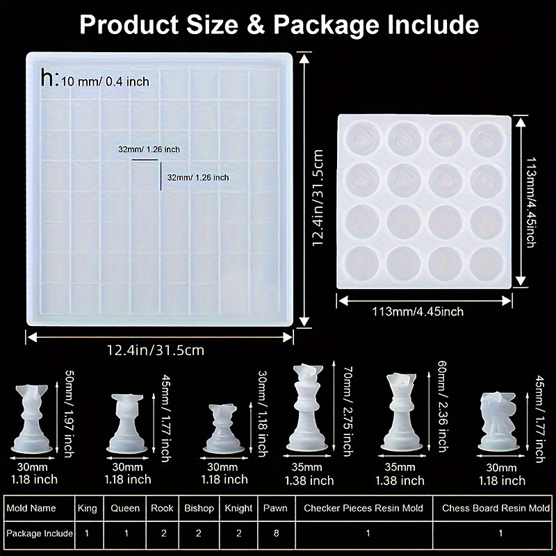 TEMU Chess Set With Checkers Board Silicone Resin Mold, 18pcs Full Size 3d Chess Crystal Epoxy Casting Molds For Art Crafts Making, Board Games And