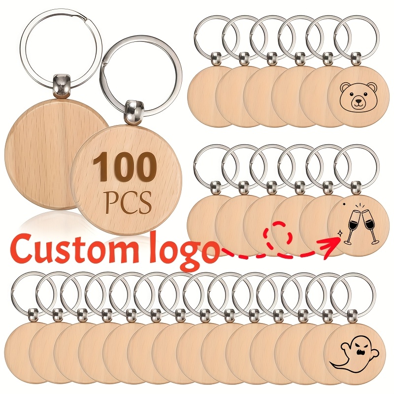TEMU 100 llaveros redondos - Llavero para grabar con anillo de metal, material de madera a color caqui, ideal para regalos de Pascua, San Valentín,