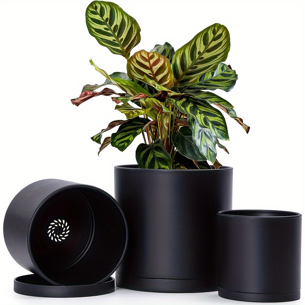 

Set Of 3 Cylinder Plastic Planter Pots, Indoor Planters For Home And Office, With Drainage Hole And Saucers