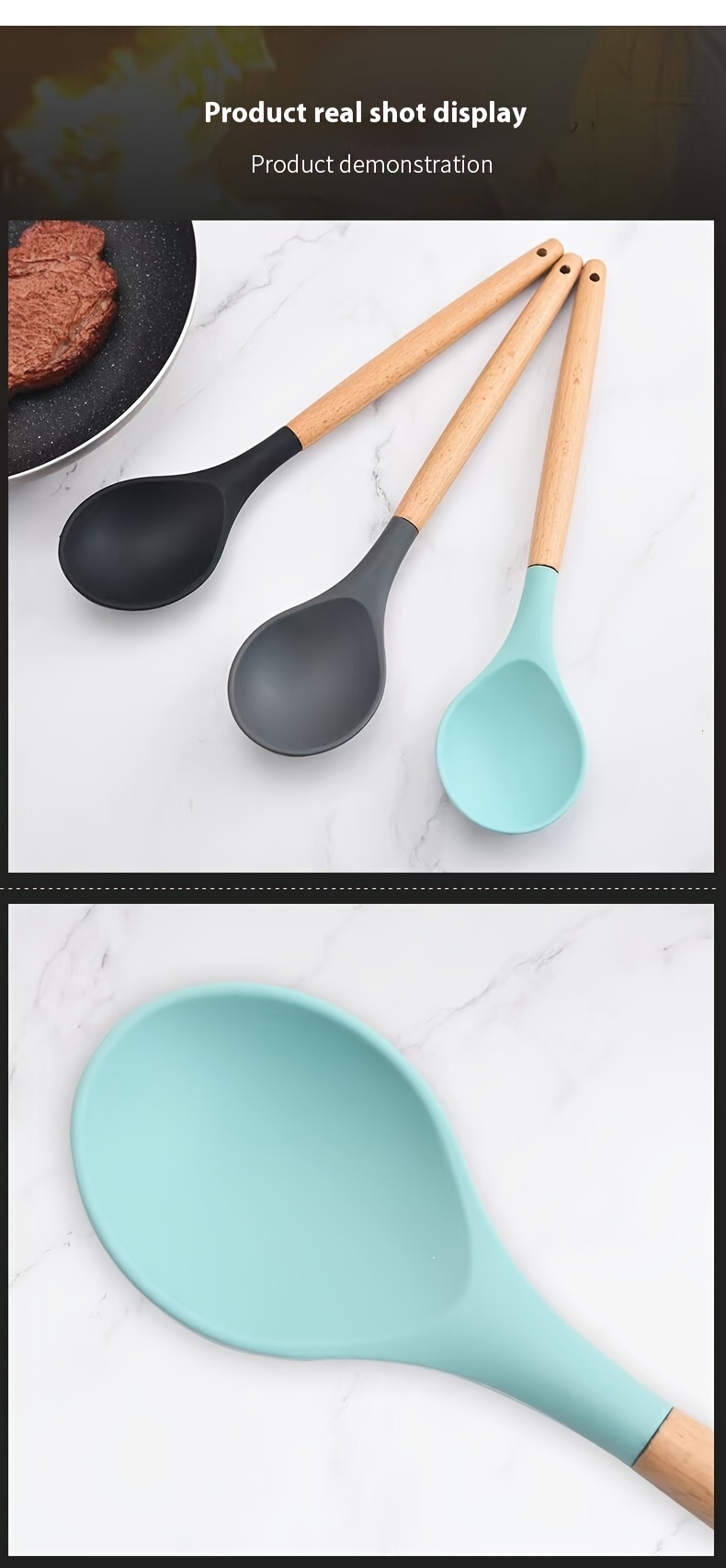 silicone spoon with wooden handle versatile kitchen utensil for soup salad stirring   easy to clean details 10