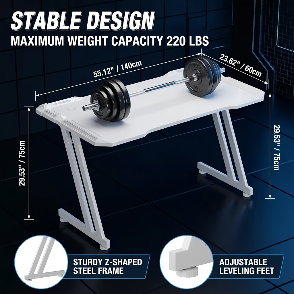 Gaming Desk With Led Lights, Home Office Gamer Desk, Ergonomic Computer Table With Sturdy Z-shaped Legs, Office Workstation With Cup Holder & Headphone Hook, White
