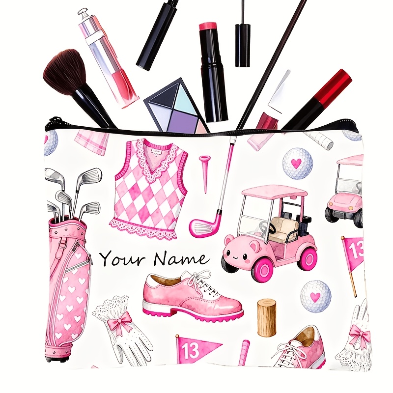 TEMU 1pc Ladies' Golf-themed Clutch Bag With Custom Name/text - Golf Cart & Clubs Print, Heart Pattern Suitable For Golf Accessories, Swing Lessons,