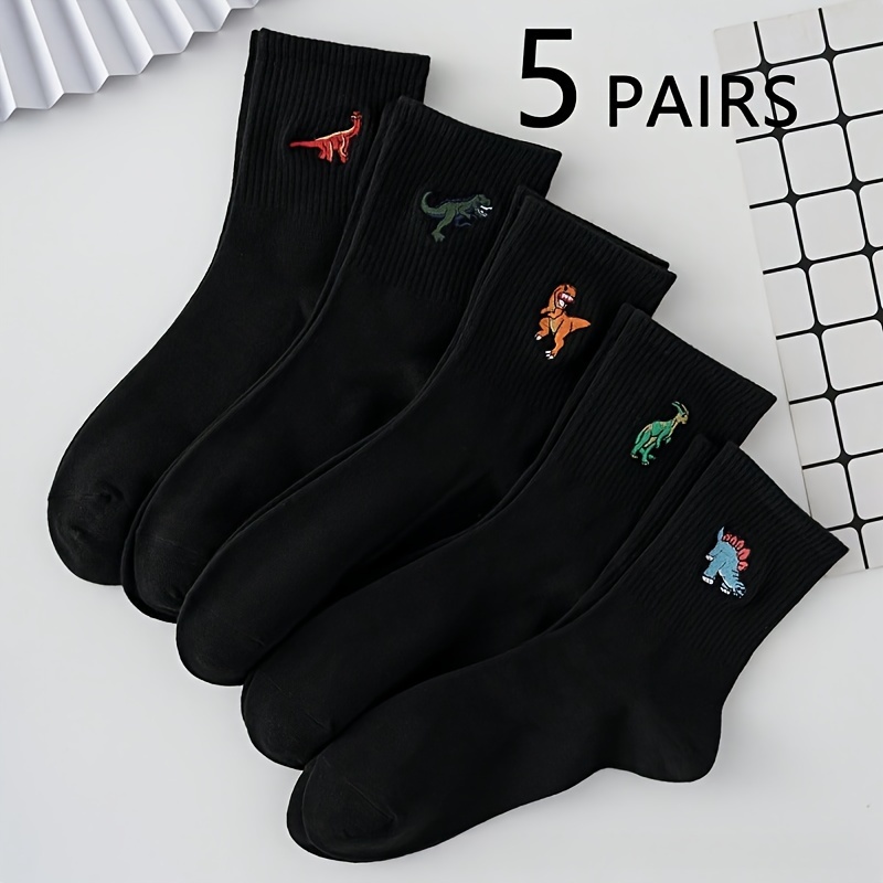 

Dinosaur Pattern 5 Pairs Men's Socks, Comfy Casual Sports Socks For Basketball Running