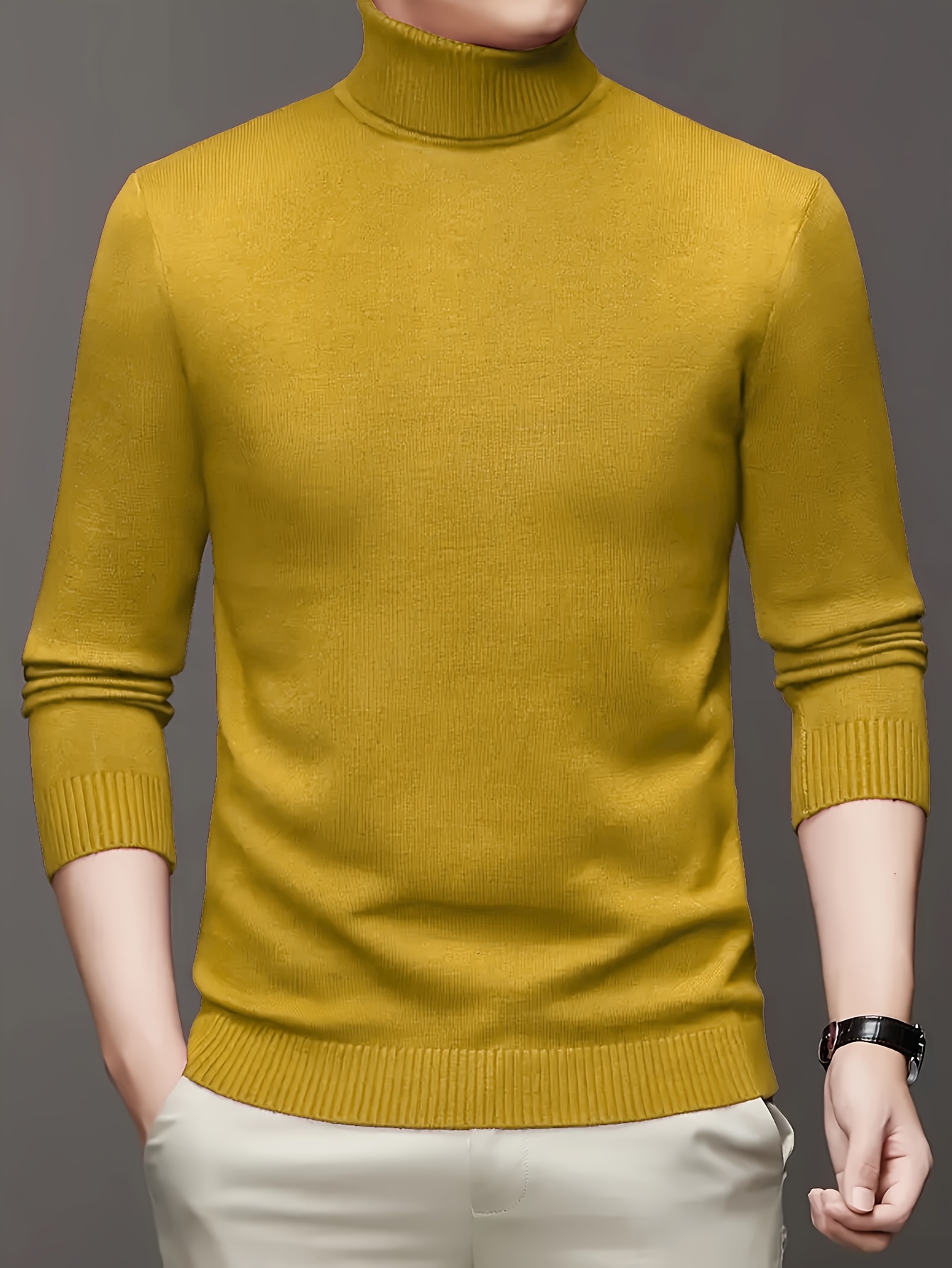 Men's Solid Color Turtleneck Sweater - Soft Stretch Knit Long Sleeve Thermal Top for Fall Winter, Regular Fit Casual & Office Wear, Hand Wash Only, Winter Wardrobe, Classic Knitwear, Quality Stitching, Warm Pullover, Winter Essentials