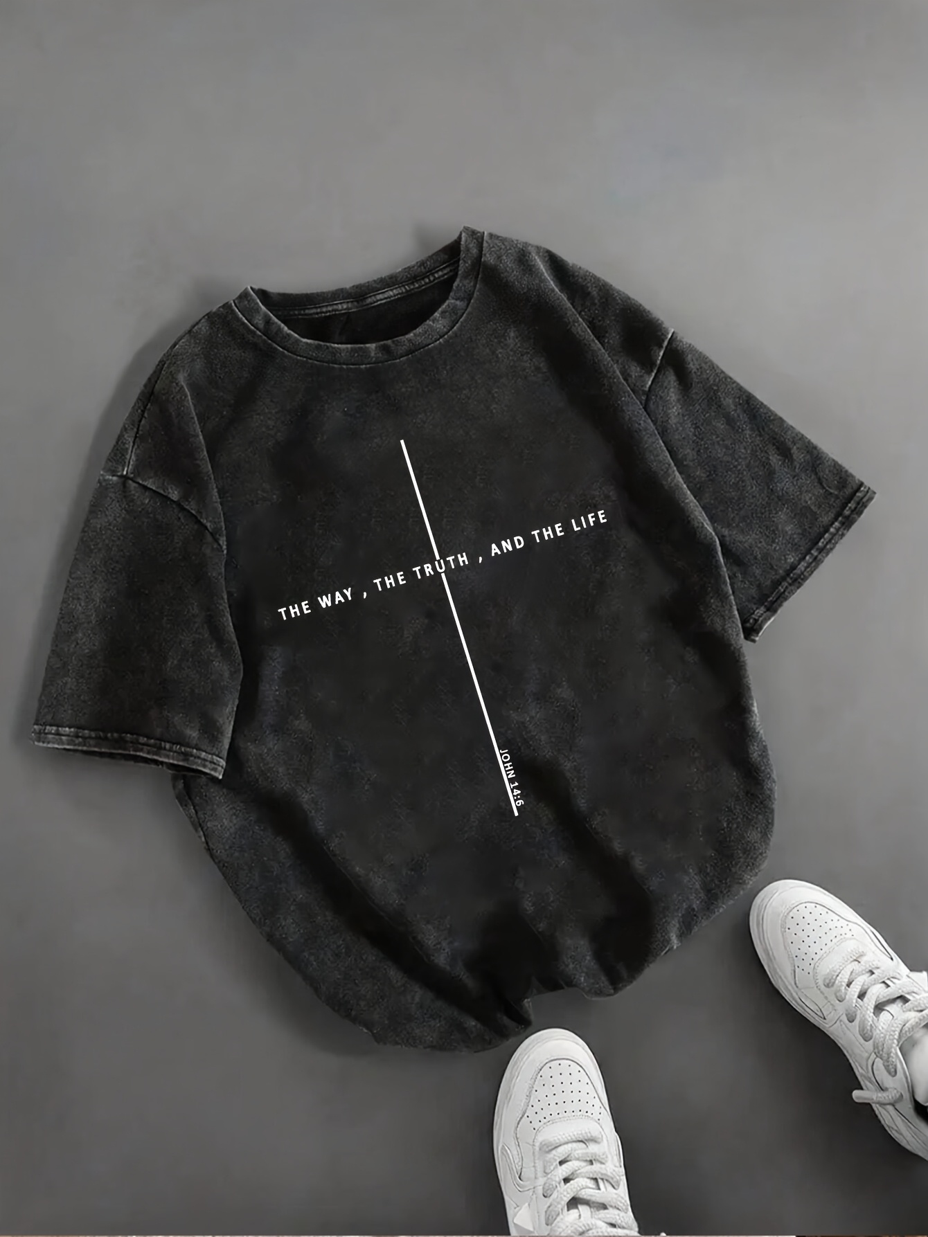 elijahs   - der weg, die   & das   vers (  14:6) druck - grau gewaschener retro casual kurzarm rundhals-top - kleine kirchengruppen-outfits & freizeitkleidung - maschinenwaschbar