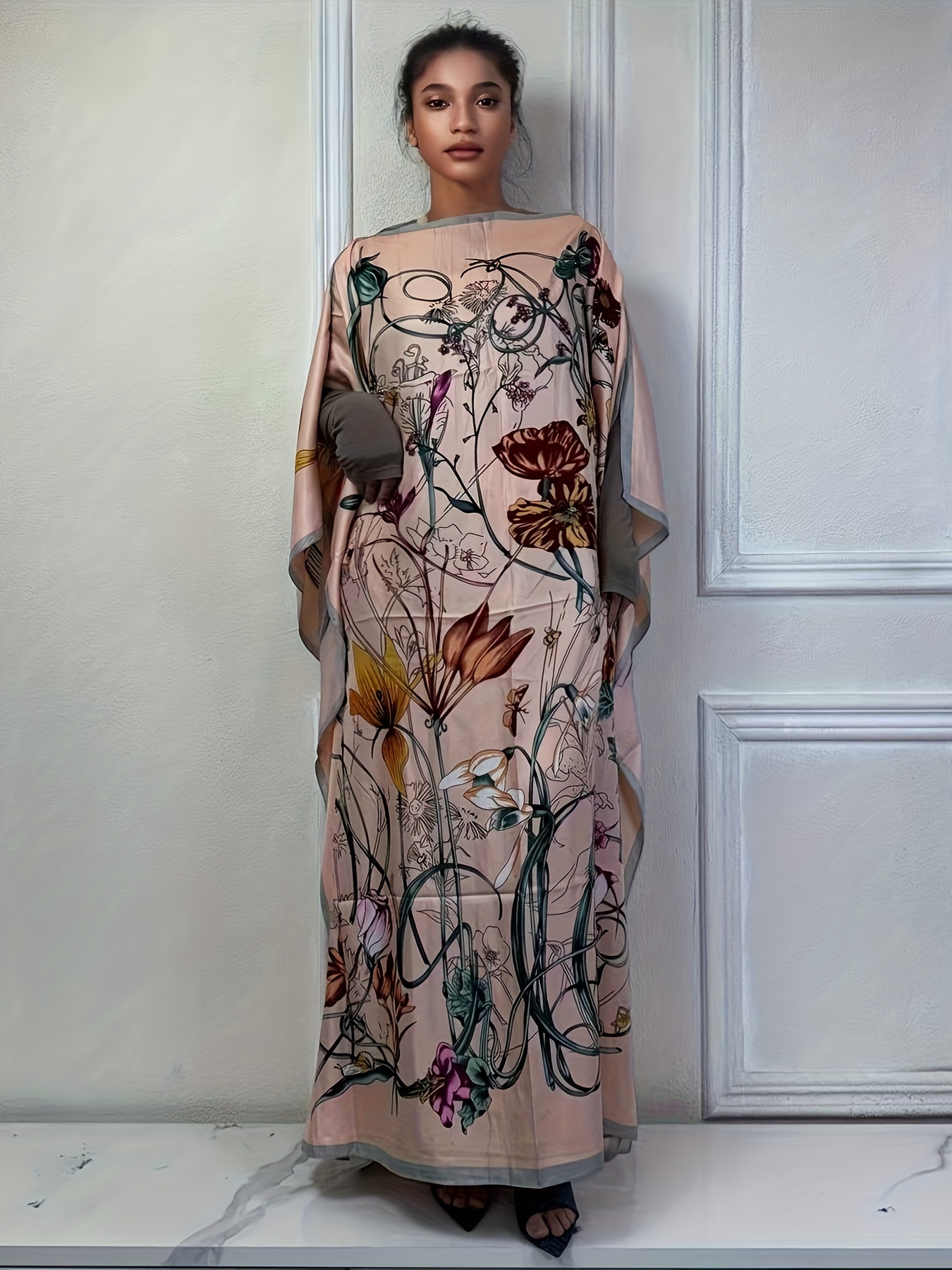 bloemenprint wijde kaftan jurk stijlvolle wijdvallende maxi Temu - Main Image