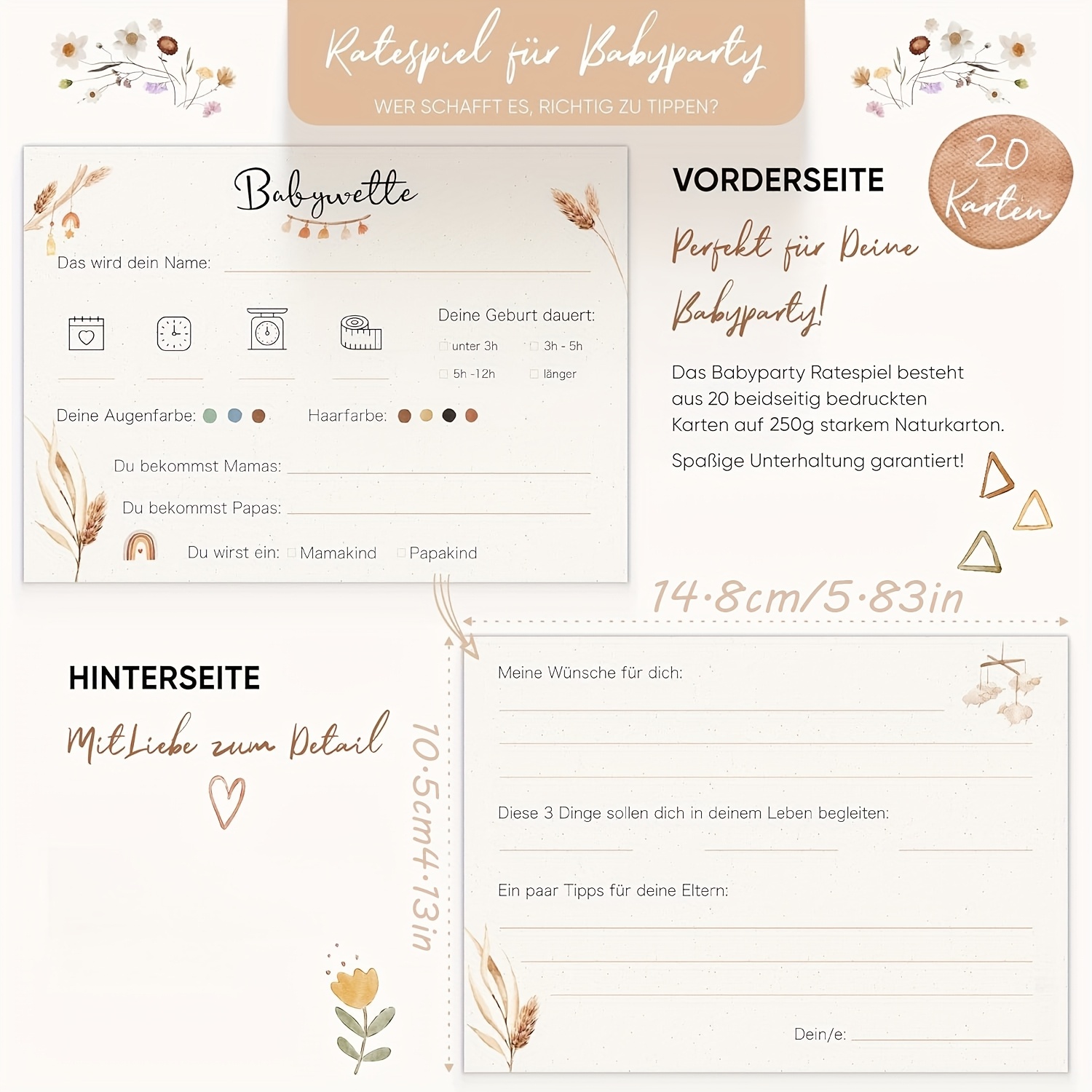 Image of 20 Gender Cards To , Germany | Boy And Girl Gender Reveal Party Quiz | Pregnancy Gift Party Game - Bohemian Style