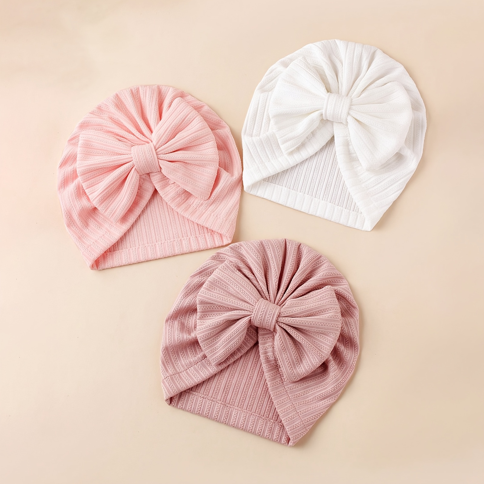 3pcs Baby Soft Breathable Cap With Bow & Double Stripes - Multicolor (/, /) - Elastic For Easter, Ramadan, Mother' Day - - Daily Wear Hair Hat 3pcs