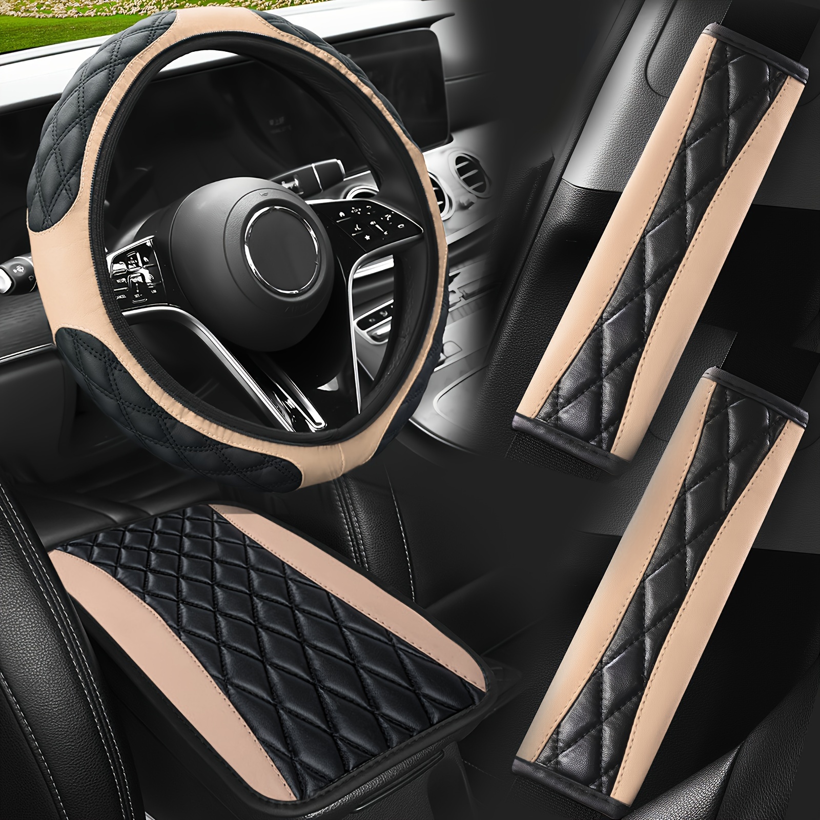 TEMU 4pcs Pupu Leatherpu Leather Bubble Steering Wheel Cover Armrest Box Mat Seat Belt Shoulder Protector Set