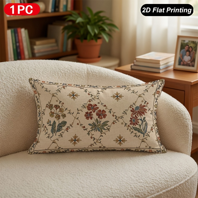 TEMU 1pc Vintage Floral Carpet Pattern Lumbar Pillow Cover, 2d Flat Print, Vintage Country Style Home Decor Pillowcase, For Living Room Sofa And