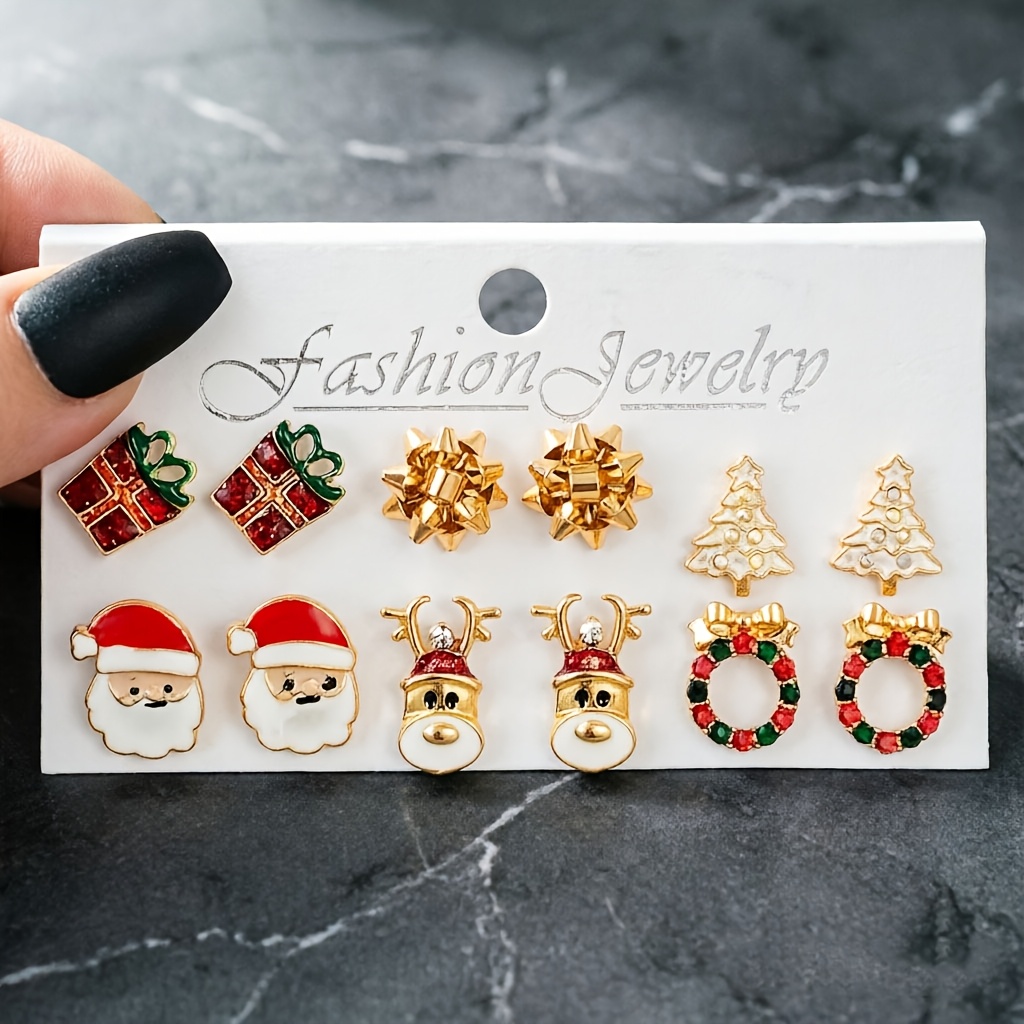 TEMU 6-pair Christmas Minimalist Christmas Tree, Reindeer, And Santa Claus Stud Earrings Set