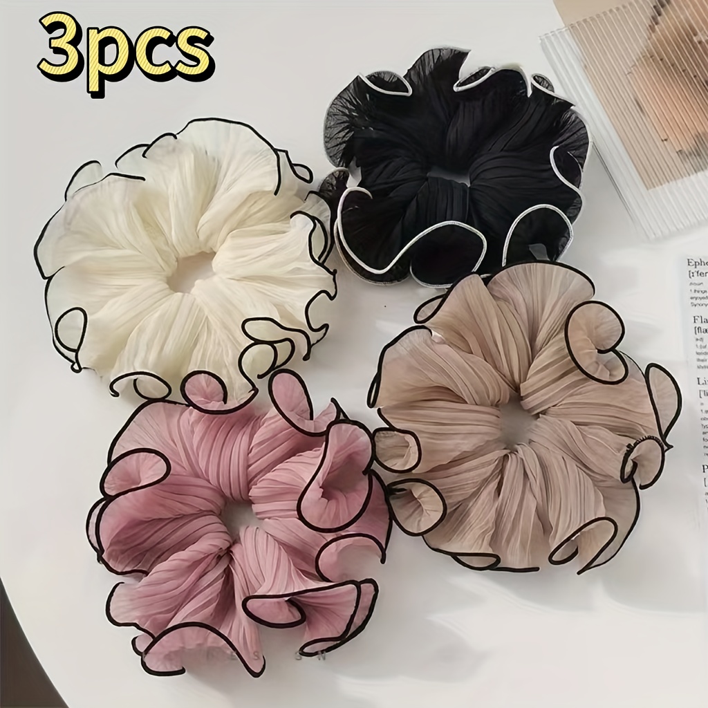 TEMU 3pcs Korean Style Double-layer Ruffle Donut Hair Tie For Women, Low Ponytail And Bun Headpiece