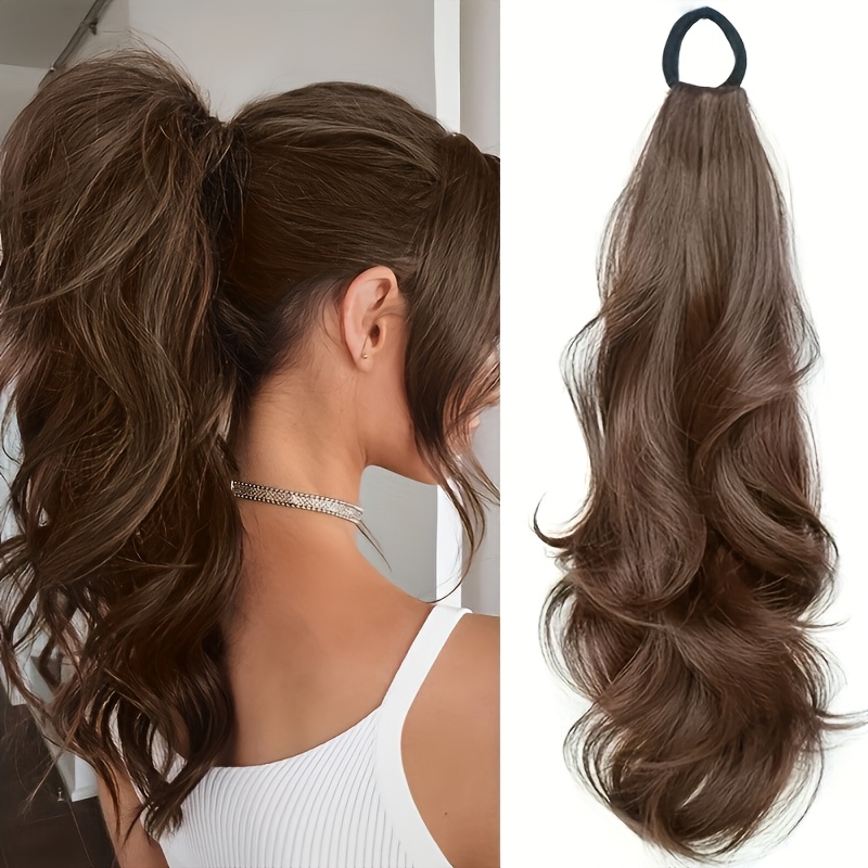 TEMU Extensiones de pelo para de cabello envolvente, peluca de de caballo sintética larga y ondulada para mujer, postizo de con banda elástica, fibra