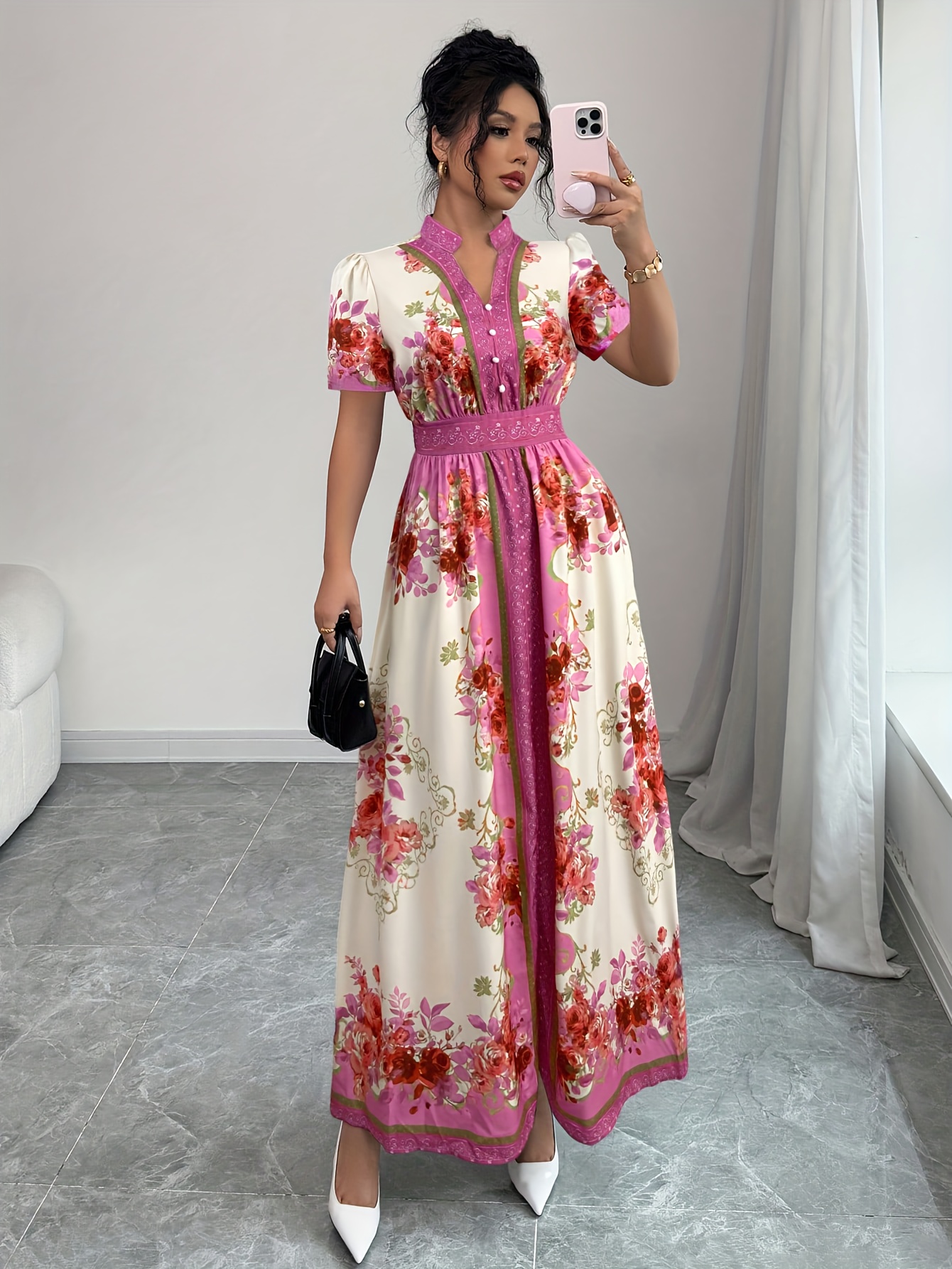 womens floral print elegant a line dress with stand up collar puff short sleeves machine washable summer long dress with side   regular fit for casual formal occasions cute dresses Product details 8