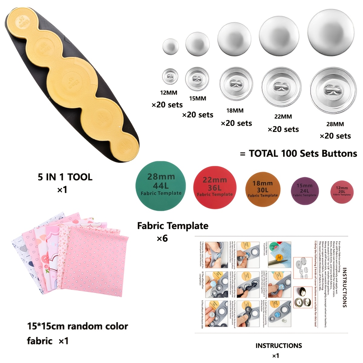 TEMU Button Tool Kit Includes 5in1 Universal Tool And 100sets Buttons, Button Covers, Decorative Cover Buttons, Handmade Plastic Molds For