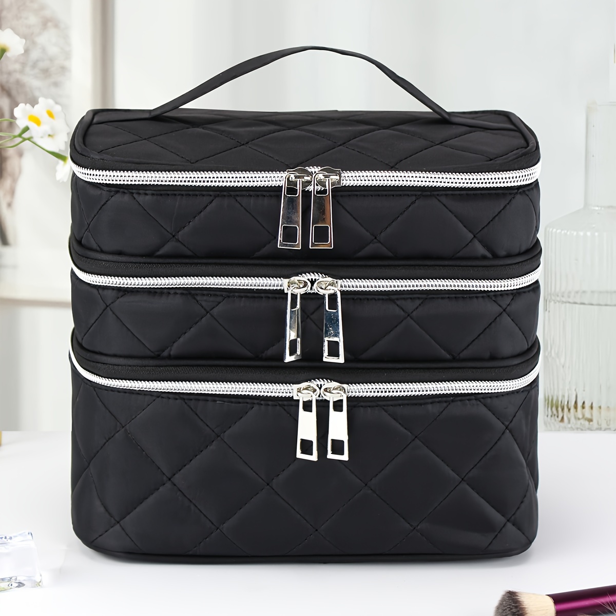 

Chic Black Quilted Makeup Bag - Spacious 3-layer Organizer With Handle, Perfect For Travel & Home Use Makeup Travel Bag Large Makeup Bag